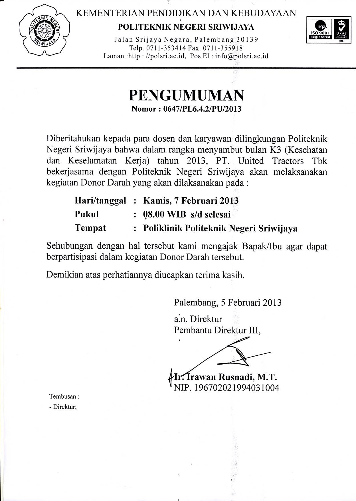 Pengumuman Donor Darah Dalam Rangka Bulan K3 Pt United